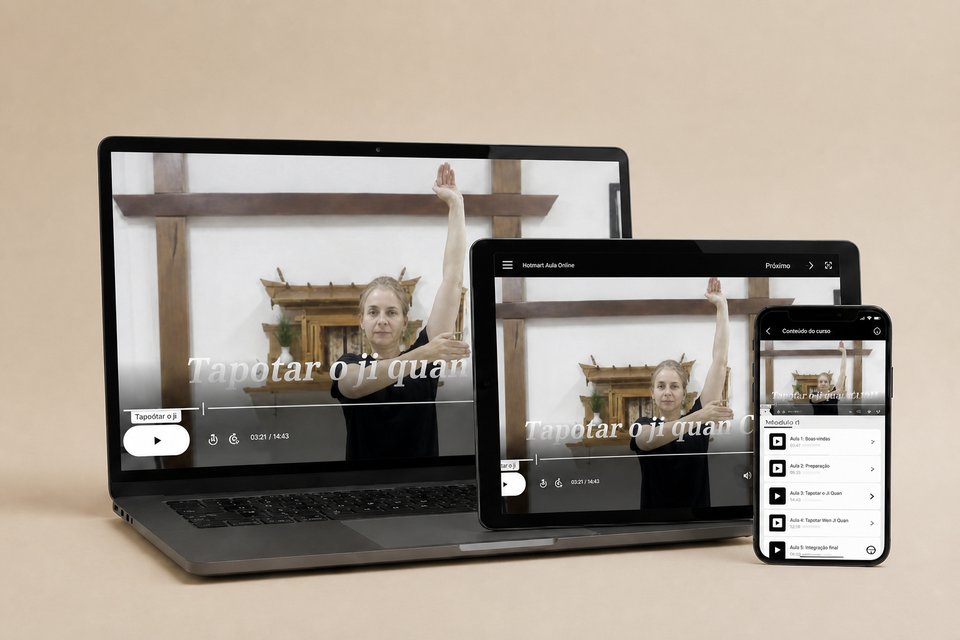 Plataforma do curso em laptop, tablet e celular, mostrando uma aula gravada